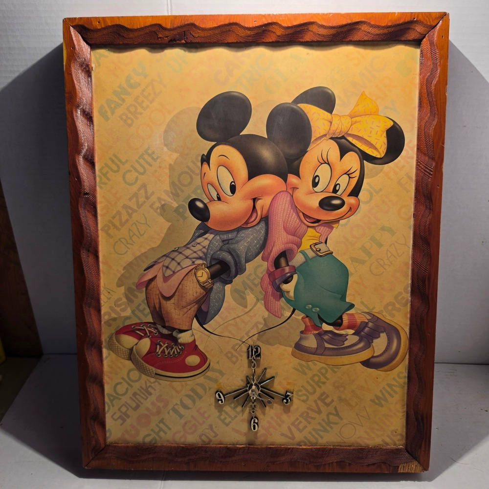 Vintage Disney Mickey Minnie Mouse Wood Framed Wall Clock 90s Style 16x20